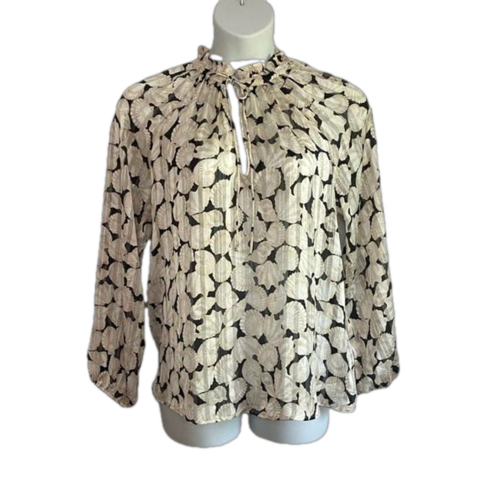 H&M Cream Beige & Black Seashell Ruffle-trimmed Crêpe Blouse Size M NWT SKU0686